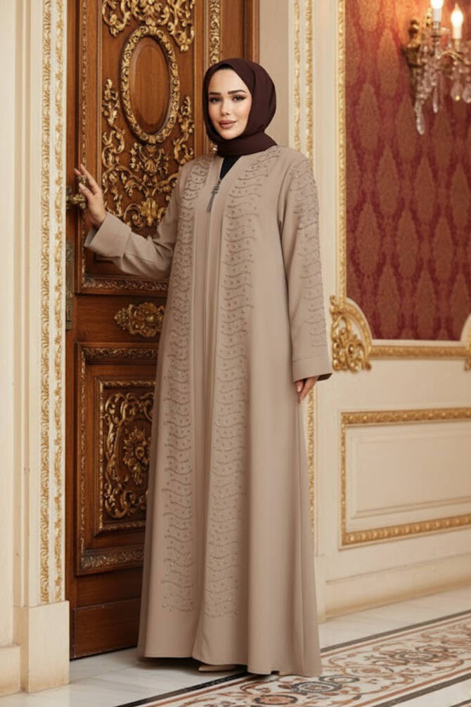 Boncuk İşlemeli Bej Tesettür Ferace 29127BEJ - N.S NEVA STYLE
