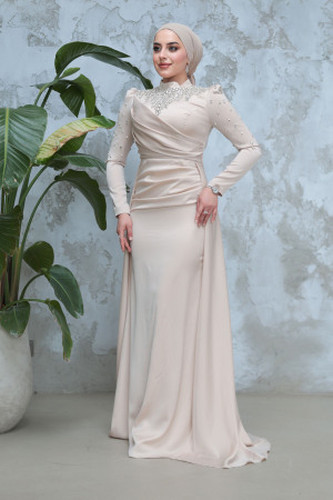 Boncuk İşlemeli Bej Tesettür Saten Abiye Elbise 51312BEJ - 2