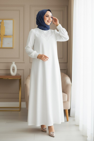 Boncuk İşlemeli Beyaz Tesettür Elbise 23815B - 1