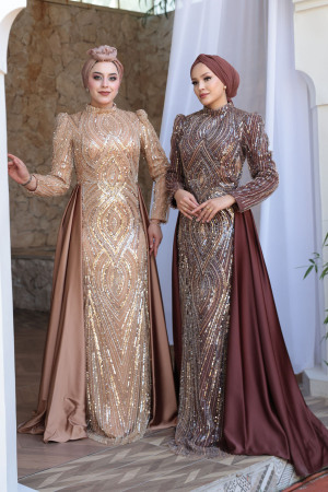  Boncuk İşlemeli Bisküvi Tesettür Abiye Elbise 51253BS - 5