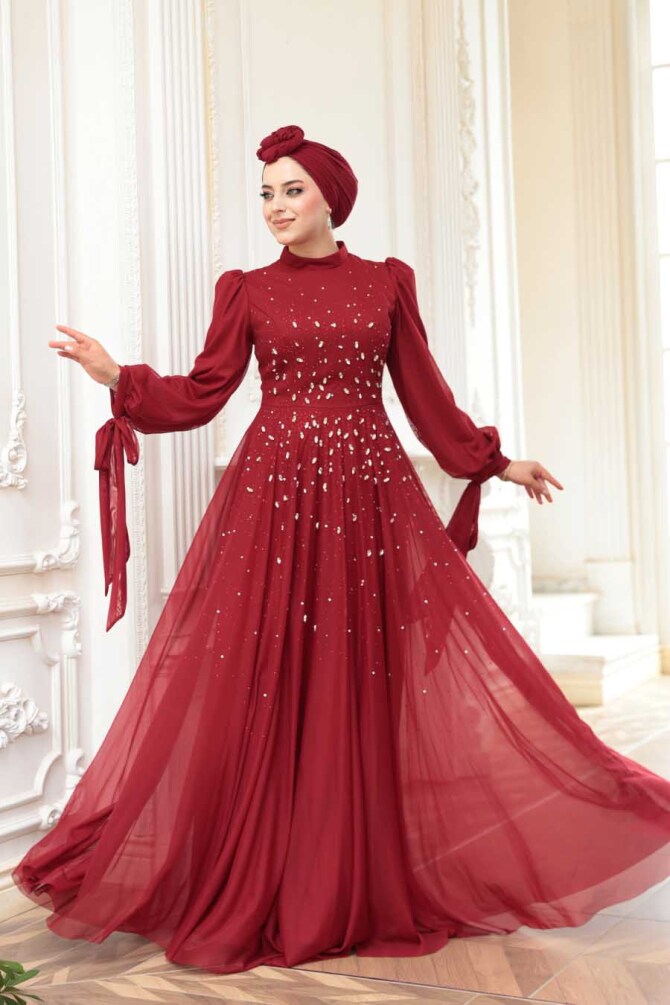 - Boncuk İşlemeli Bordo Tesettür Abiye Elbise 5283BR - 2