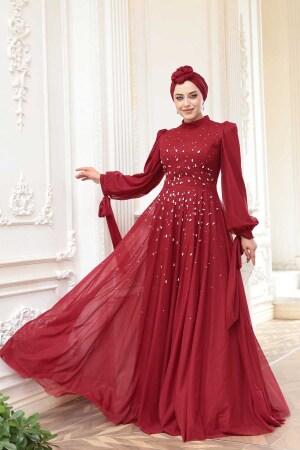 - Boncuk İşlemeli Bordo Tesettür Abiye Elbise 5283BR - 3