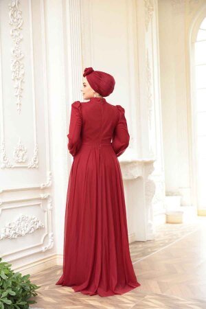 - Boncuk İşlemeli Bordo Tesettür Abiye Elbise 5283BR - 5