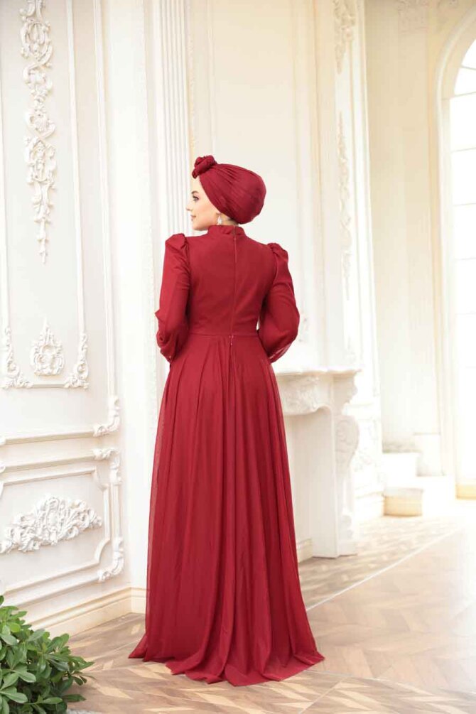 - Boncuk İşlemeli Bordo Tesettür Abiye Elbise 5283BR - 5