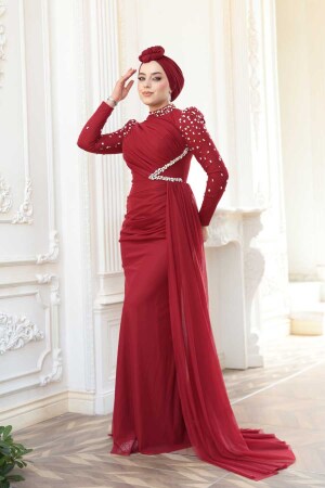  Boncuk İşlemeli Bordo Tesettür Abiye Elbise 5295BR - 2
