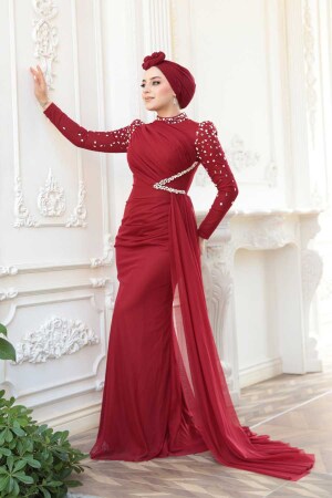  Boncuk İşlemeli Bordo Tesettür Abiye Elbise 5295BR - 3