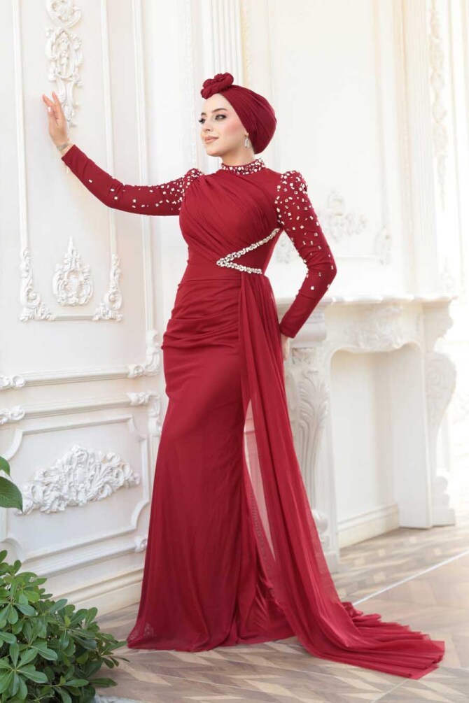  Boncuk İşlemeli Bordo Tesettür Abiye Elbise 5295BR - 3