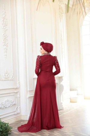  Boncuk İşlemeli Bordo Tesettür Abiye Elbise 5295BR - 4