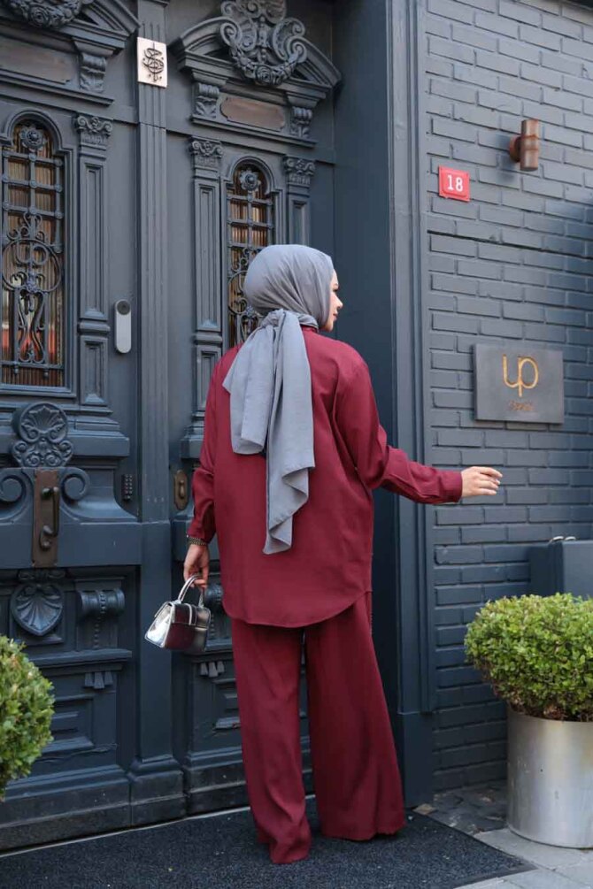 Boncuk İşlemeli Bordo Tesettür İkili Takım 19030BR - 3