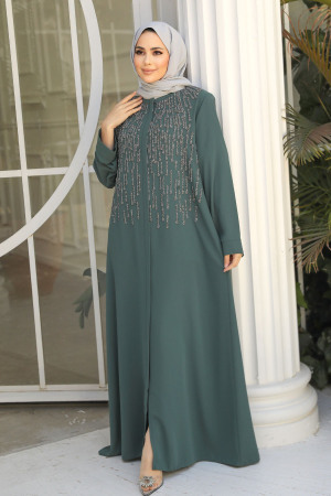 Boncuk İşlemeli Çağla Yeşili Tesettür Abaya 29106CY - 1