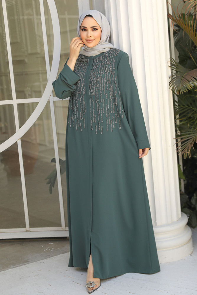 Boncuk İşlemeli Çağla Yeşili Tesettür Abaya 29106CY - 2