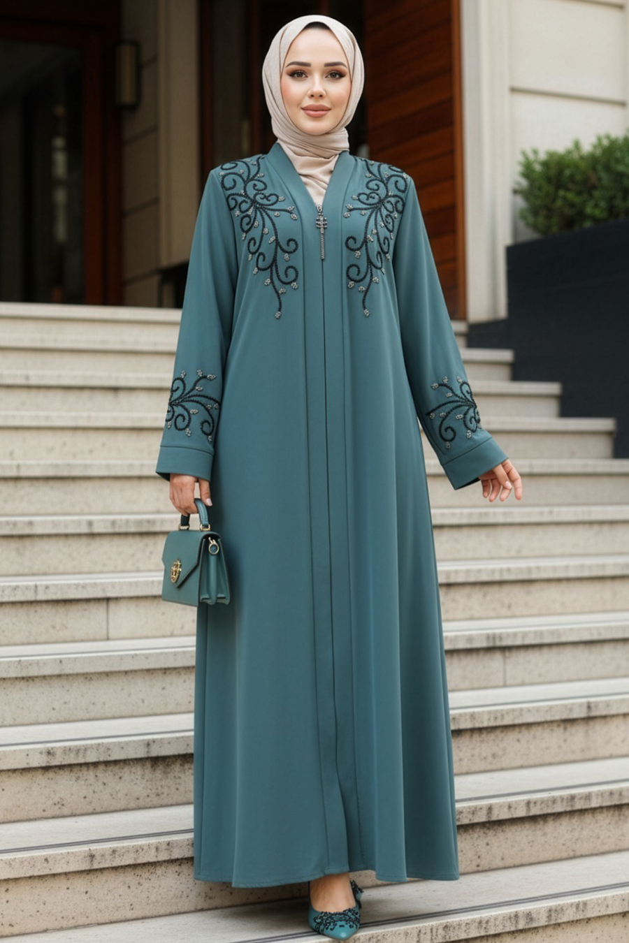 Boncuk İşlemeli Çağla Yeşili Tesettür Abaya 29107CY