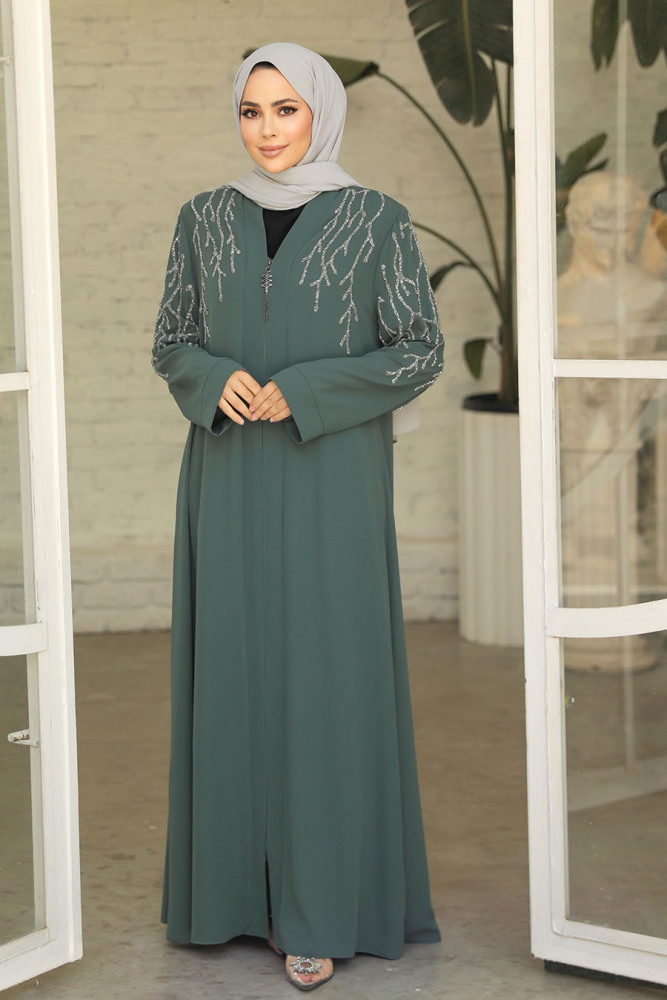 Boncuk İşlemeli Çağla Yeşili Tesettür Abaya 29110CY - 2