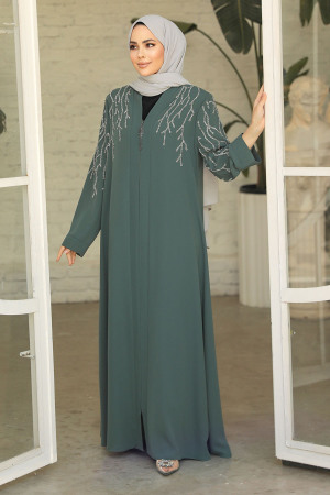 Boncuk İşlemeli Çağla Yeşili Tesettür Abaya 29110CY - 1
