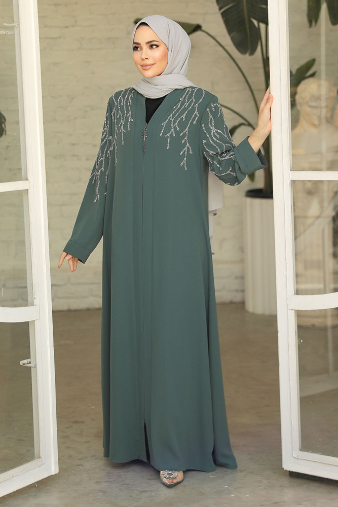 Boncuk İşlemeli Çağla Yeşili Tesettür Abaya 29110CY - 1