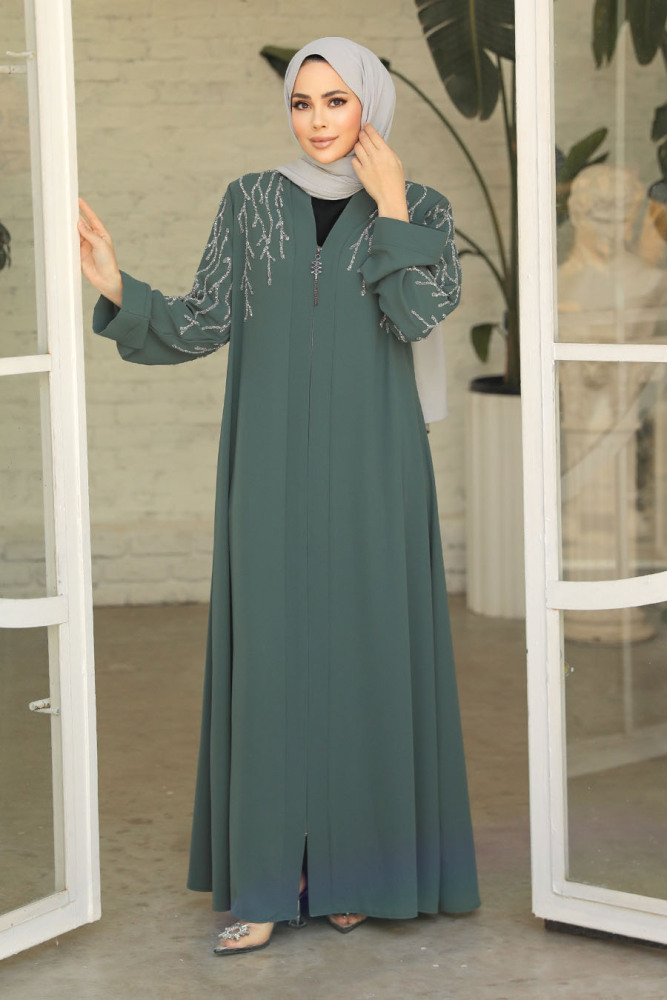 Boncuk İşlemeli Çağla Yeşili Tesettür Abaya 29110CY - 3