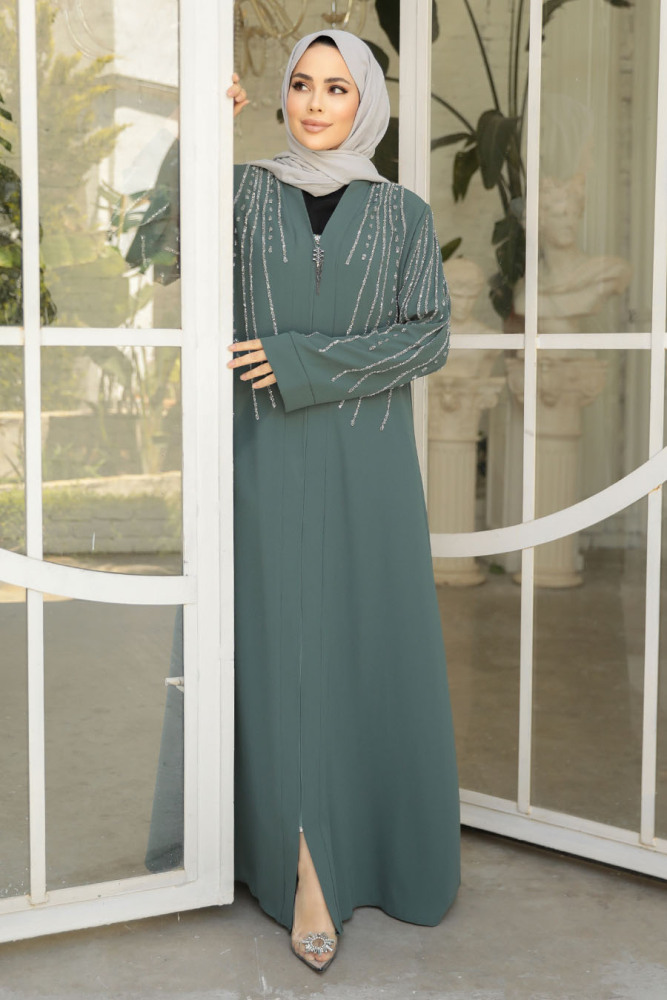 Boncuk İşlemeli Çağla Yeşili Tesettür Abaya 29111CY - 1