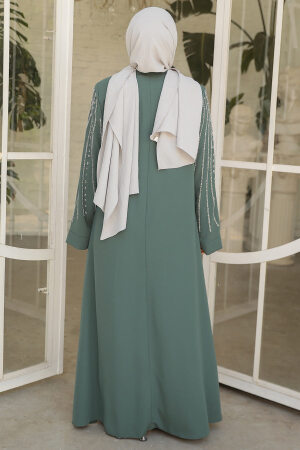 Boncuk İşlemeli Çağla Yeşili Tesettür Abaya 29111CY - 2