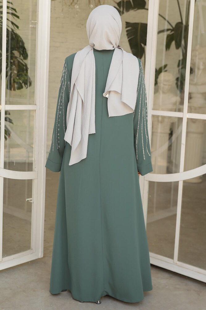 Boncuk İşlemeli Çağla Yeşili Tesettür Abaya 29111CY - 2