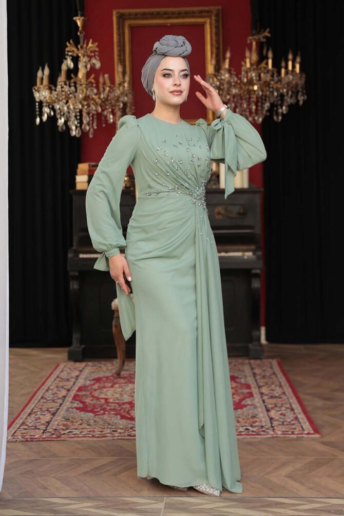  - Boncuk İşlemeli Çağla Yeşili Tesettür Abiye Elbise 53497CY - 3