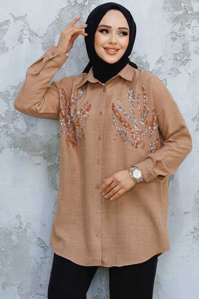 Boncuk İşlemeli Camel Tesettür Gömlek 4526C - NEVA STYLE