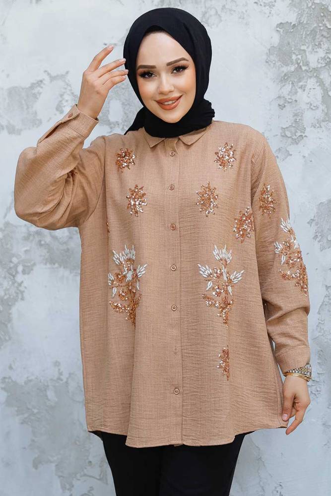 Boncuk İşlemeli Camel Tesettür Gömlek 45270C - NEVA STYLE