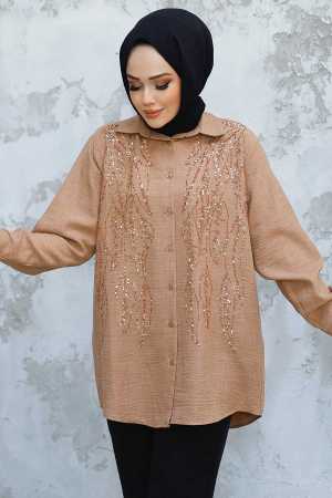 Boncuk İşlemeli Camel Tesettür Gömlek 45280C - NEVA STYLE