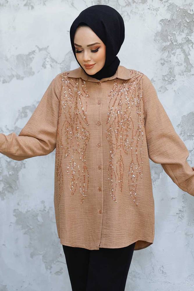Boncuk İşlemeli Camel Tesettür Gömlek 45280C - NEVA STYLE