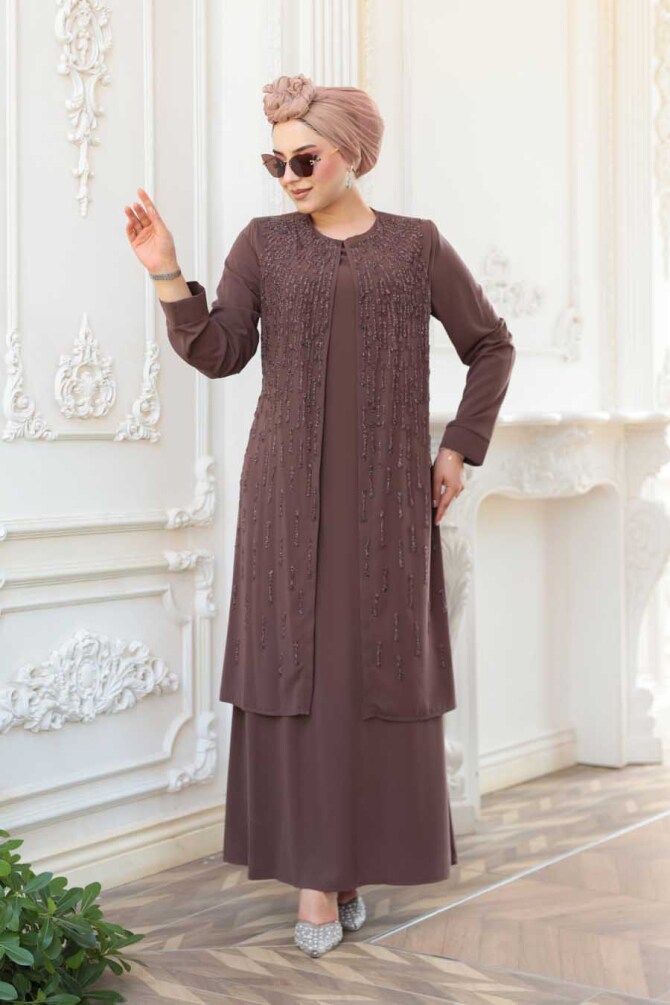 Boncuk İşlemeli Çikolata Tesettür Abaya 29119CK - 1