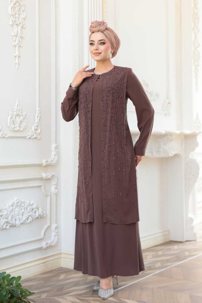 Boncuk İşlemeli Çikolata Tesettür Abaya 29119CK - 3