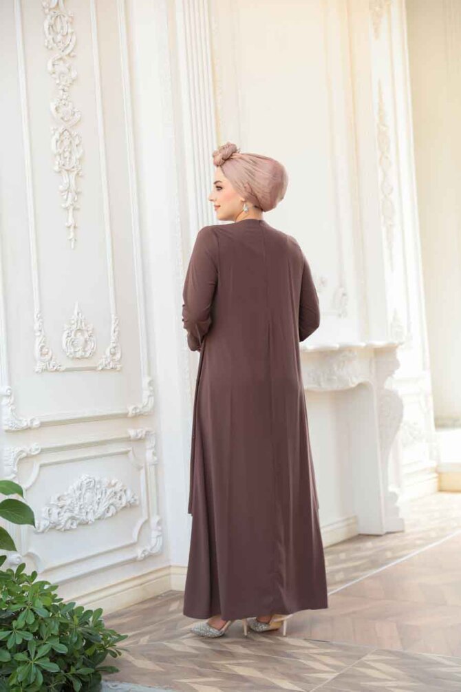 Boncuk İşlemeli Çikolata Tesettür Abaya 29119CK - 4