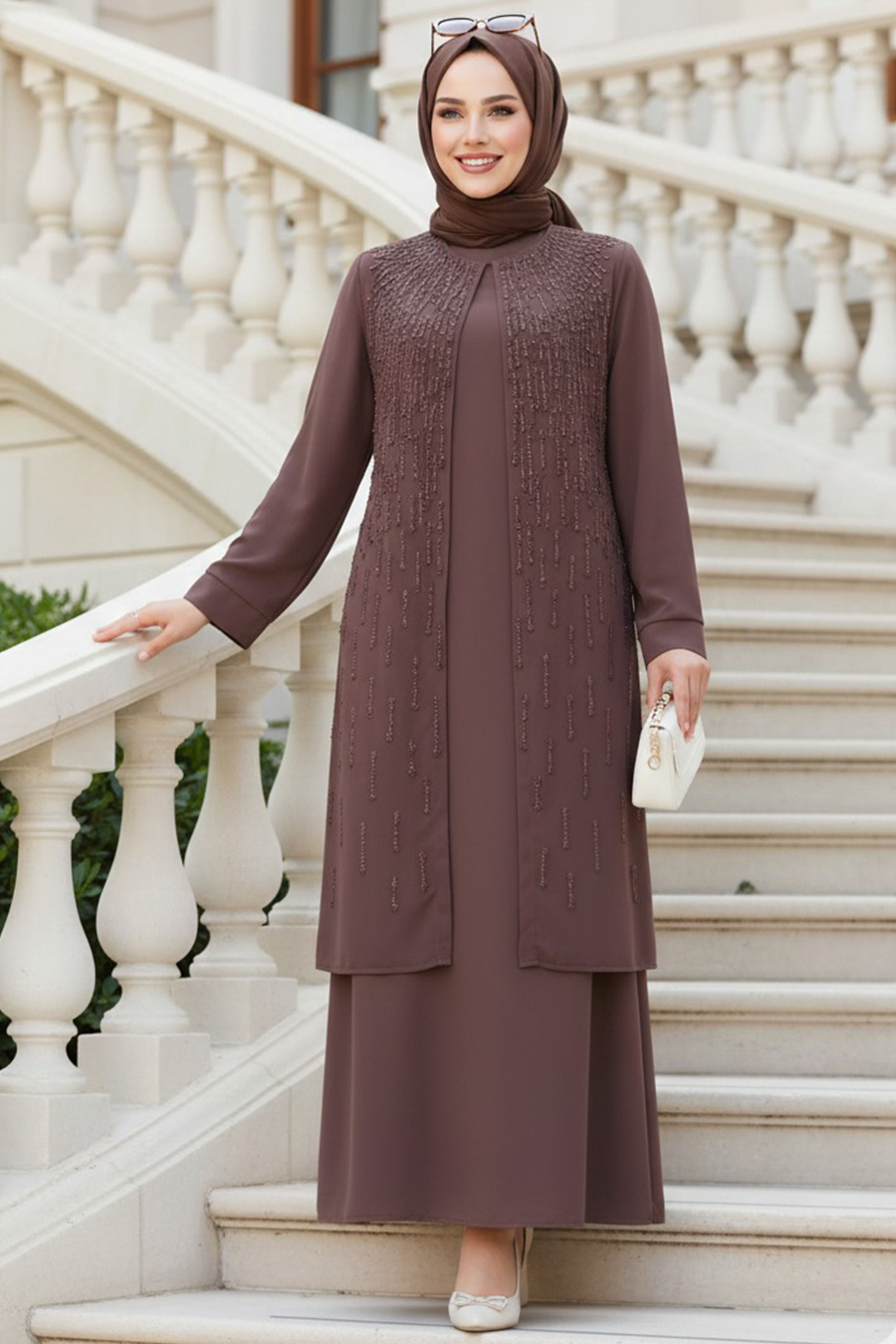 Boncuk İşlemeli Çikolata Tesettür Abaya 29119CK