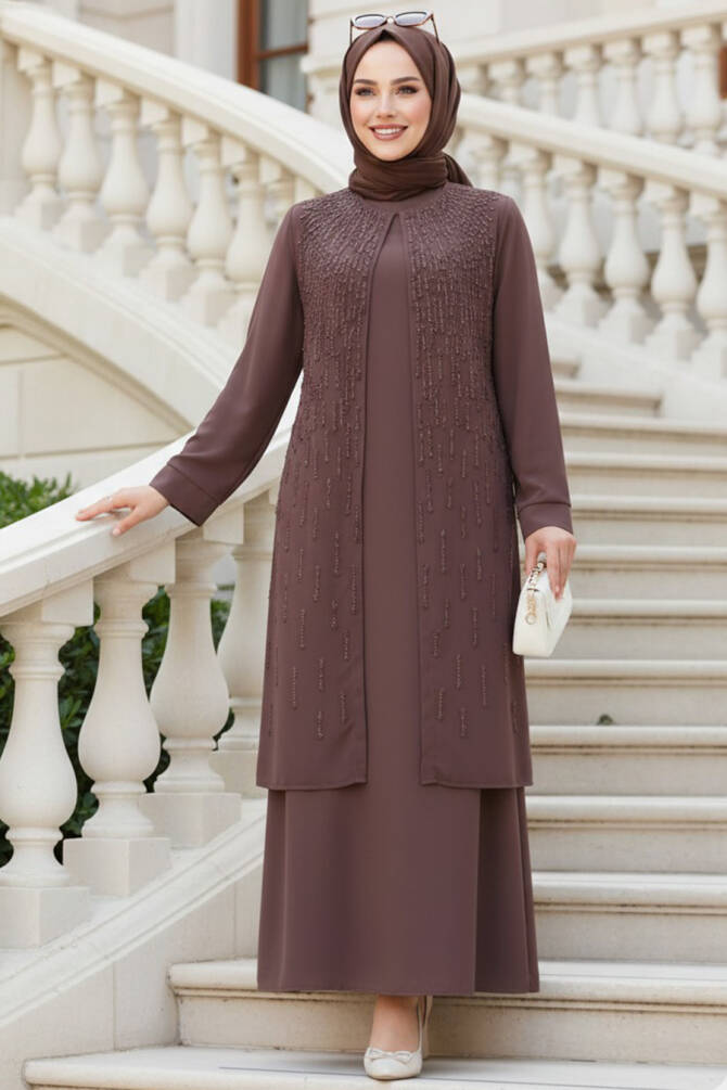 Boncuk İşlemeli Çikolata Tesettür Abaya 29119CK - 1