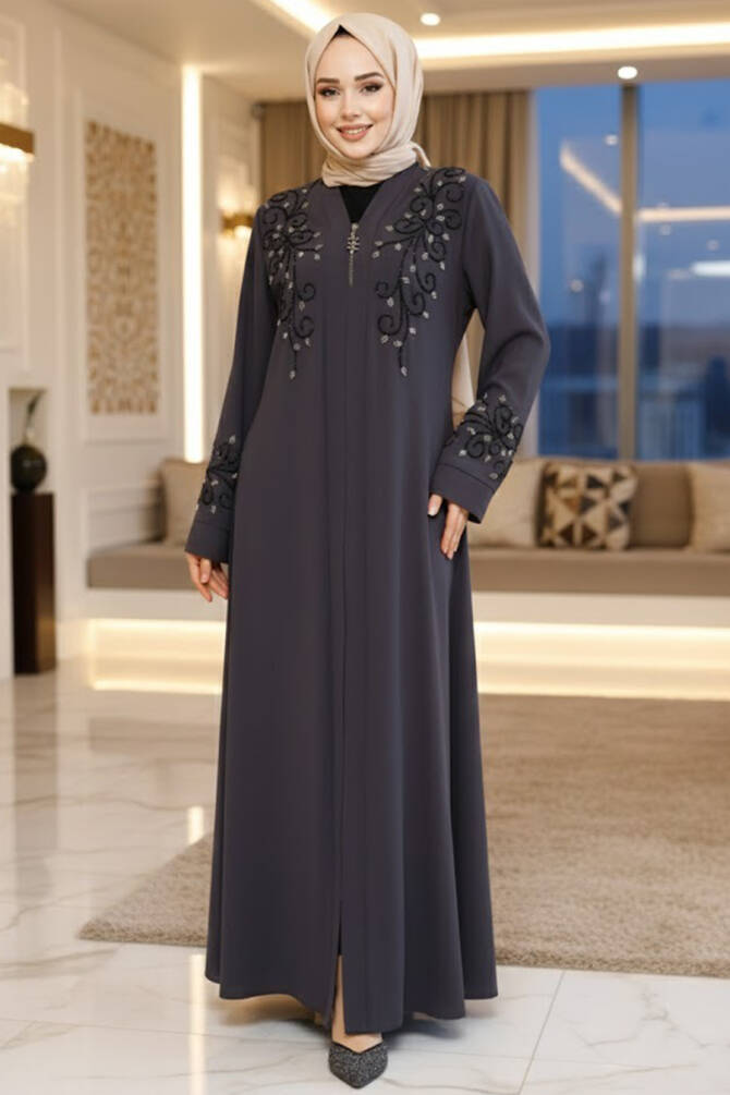 Boncuk İşlemeli Füme Tesettür Abaya 29107FU - 1
