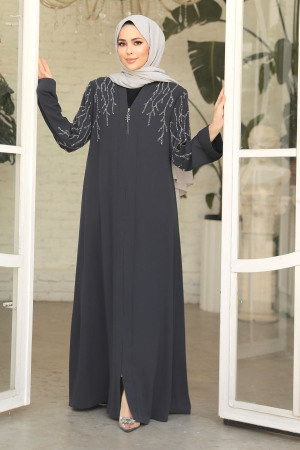 Boncuk İşlemeli Füme Tesettür Abaya 29110FU - 1