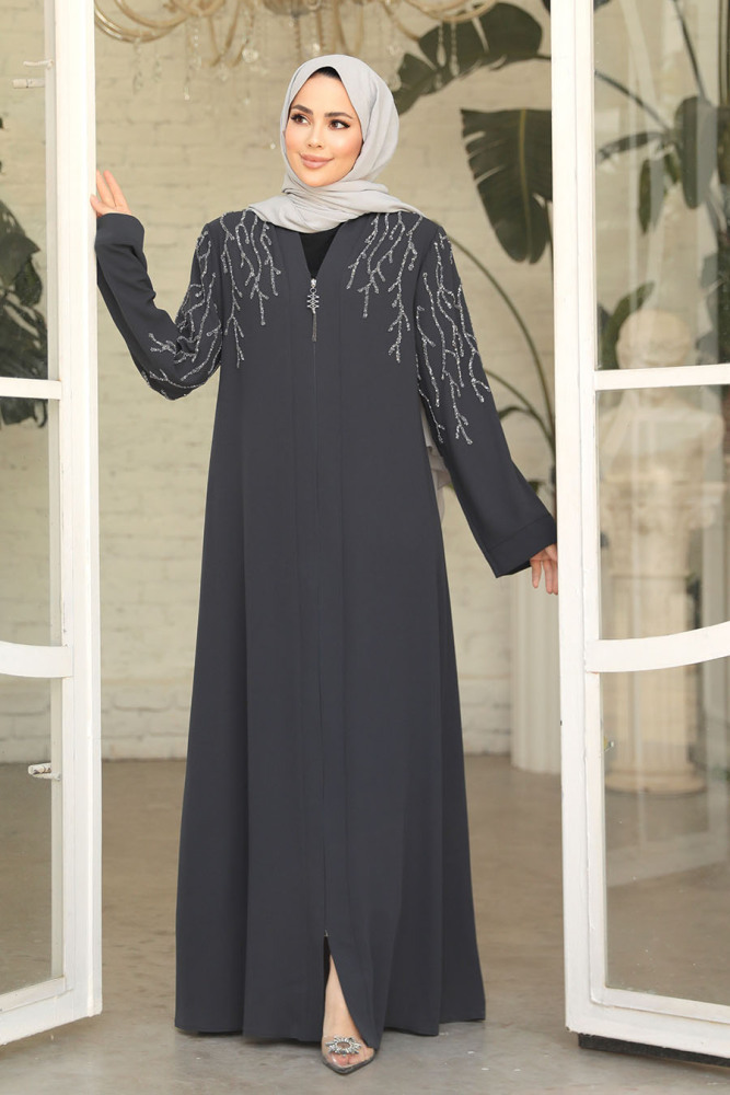 Boncuk İşlemeli Füme Tesettür Abaya 29110FU - 2