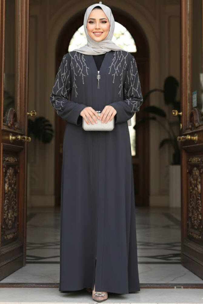 Boncuk İşlemeli Füme Tesettür Abaya 29110FU - 1