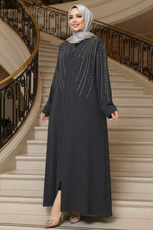 Boncuk İşlemeli Füme Tesettür Abaya 29111FU - 1
