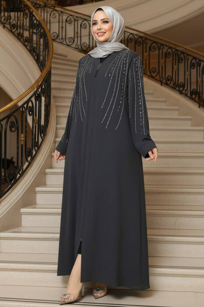 Boncuk İşlemeli Füme Tesettür Abaya 29111FU - 1
