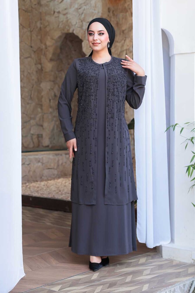 Boncuk İşlemeli Füme Tesettür Abaya 29119FU - 1