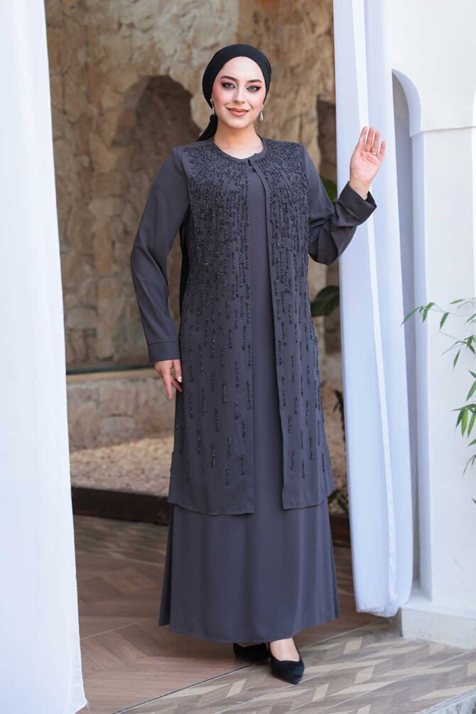 Boncuk İşlemeli Füme Tesettür Abaya 29119FU - 2