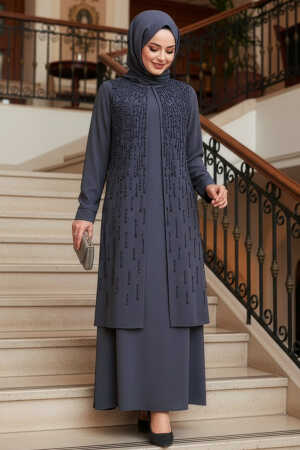 Boncuk İşlemeli Füme Tesettür Abaya 29119FU 