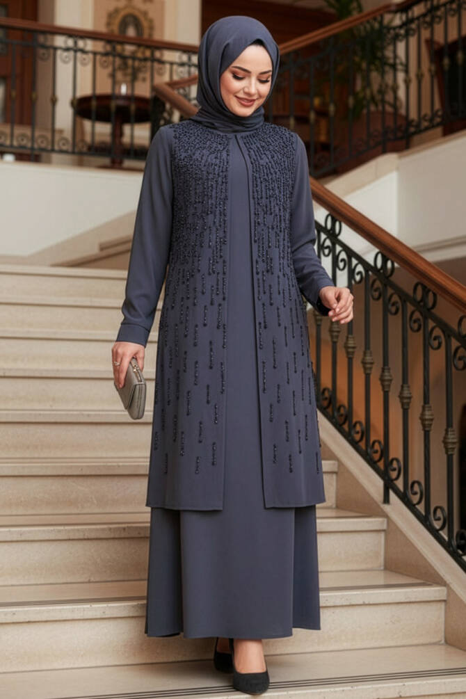 Boncuk İşlemeli Füme Tesettür Abaya 29119FU - 1