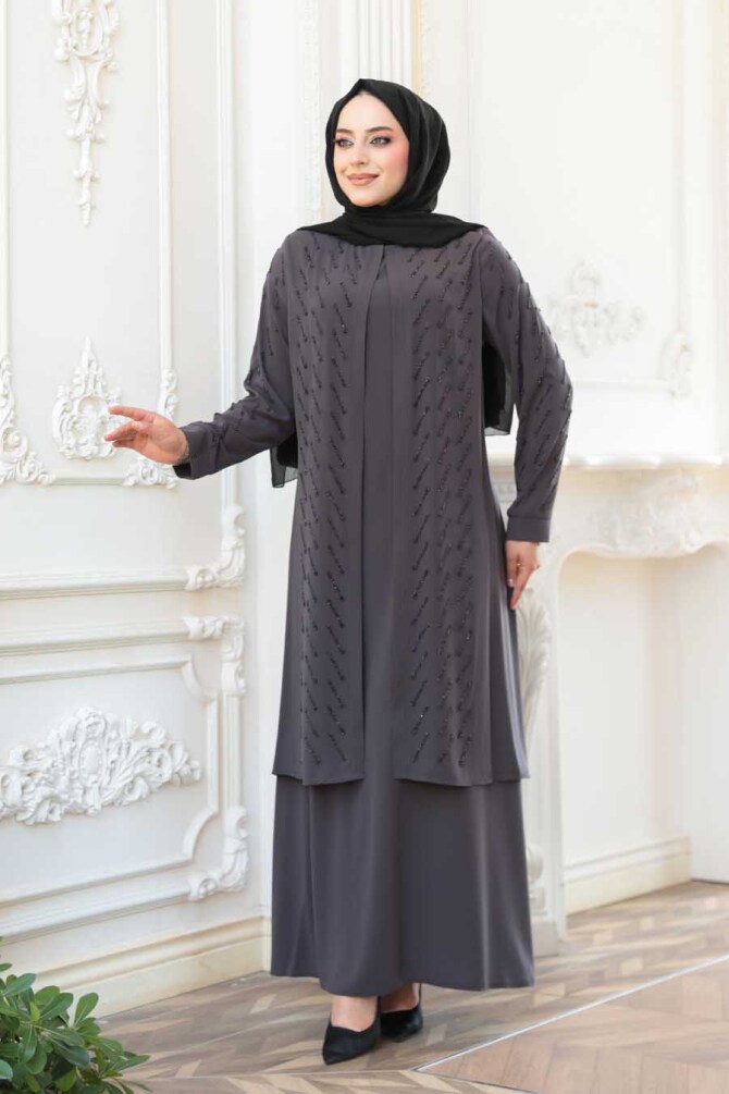 Boncuk İşlemeli Füme Tesettür Abaya 29120FU - 2