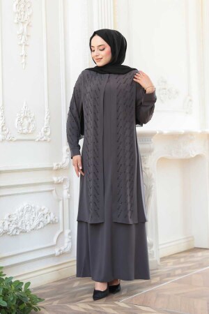 Boncuk İşlemeli Füme Tesettür Abaya 29120FU - 1