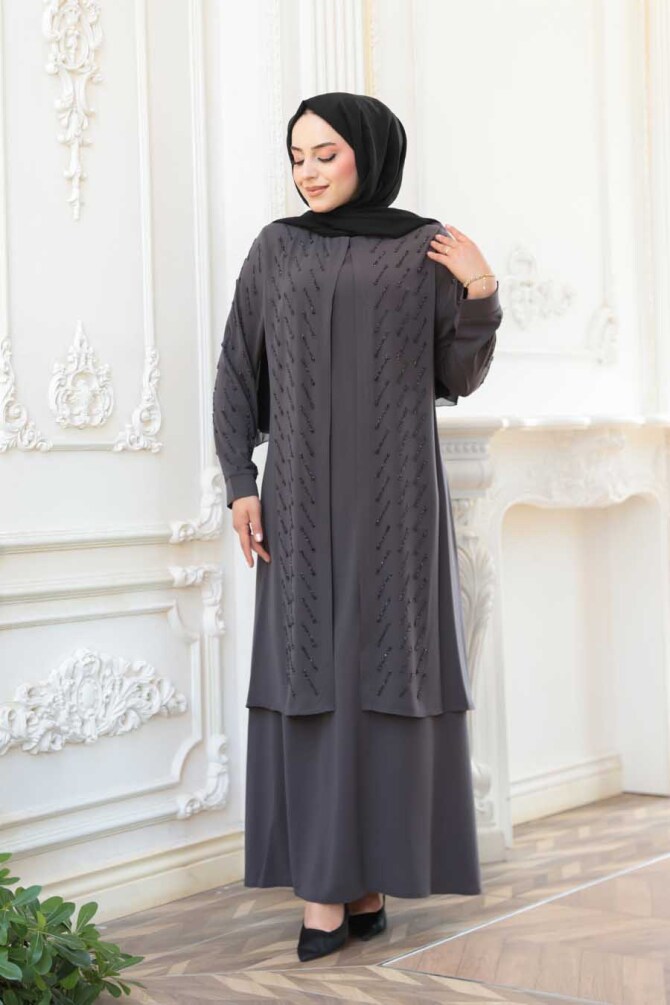 Boncuk İşlemeli Füme Tesettür Abaya 29120FU - 1