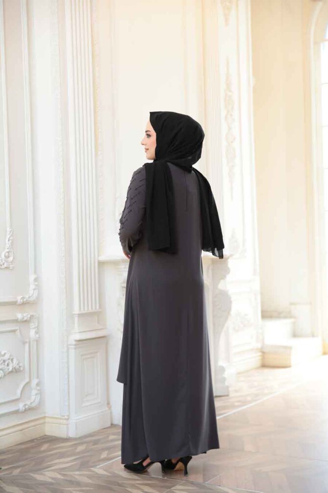 Boncuk İşlemeli Füme Tesettür Abaya 29120FU - 3