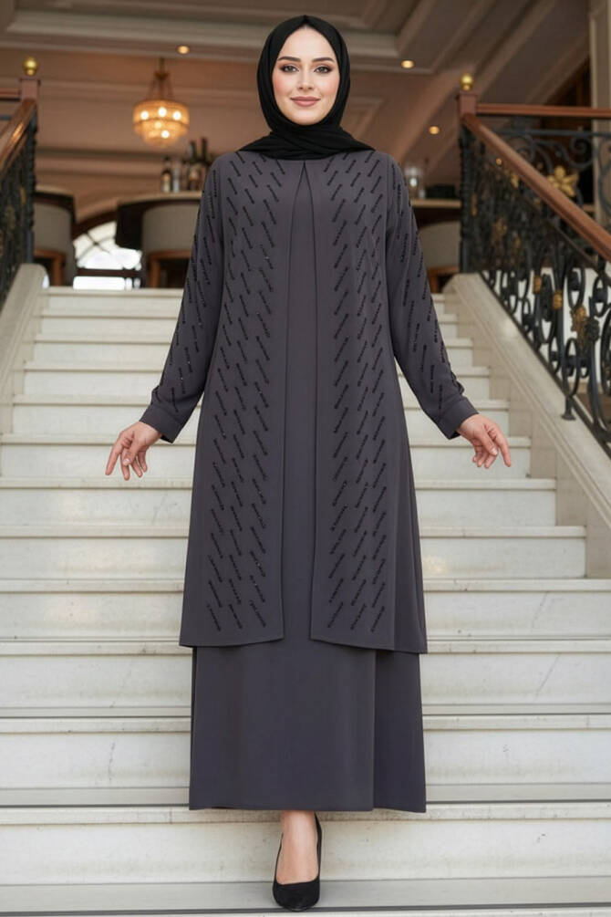 Boncuk İşlemeli Füme Tesettür Abaya 29120FU - 1