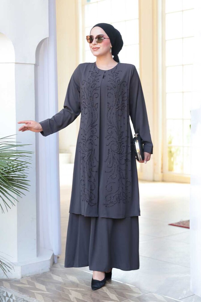 Boncuk İşlemeli Füme Tesettür Abaya 29121FU - 1