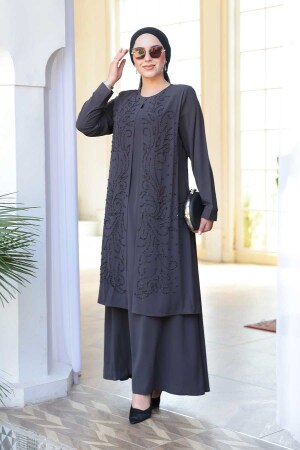 Boncuk İşlemeli Füme Tesettür Abaya 29121FU - 2